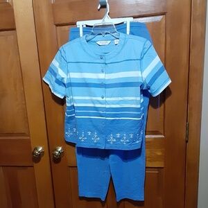 Blue & White Knit Pant & Top Lounge Set